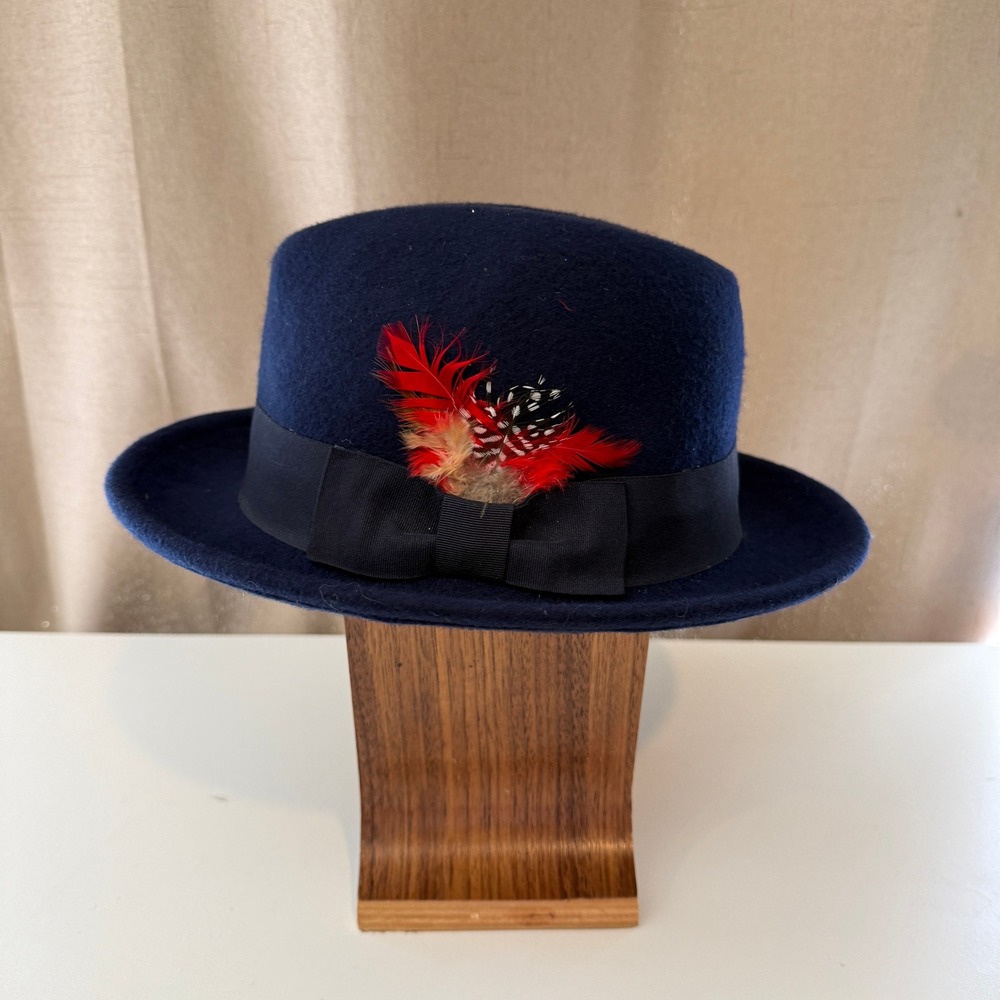 Fortino Landi Mens Navy Blue 100% Wool Fedora Hat Feather XL LH-1